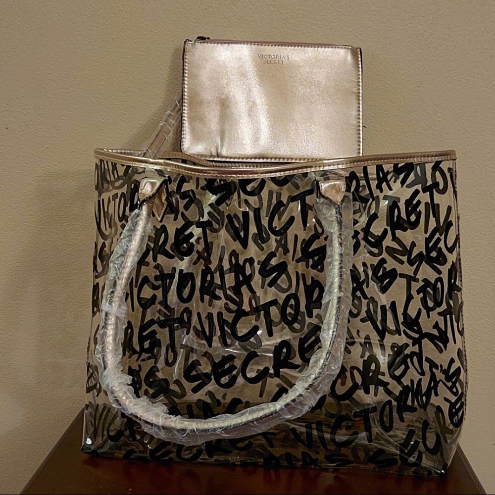 Gold/Clear Victoria’s Secret Tote Bag & wristlet